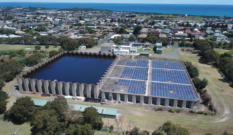 Aerial shot of the Warrnambool Water Treatment Plant showing the storage tank and solar panels